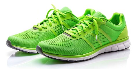 Vibrant green athletic shoes with bold laces and sleek design sit atop a white background, emphasizing modern fitness and active lifestyle accessories.