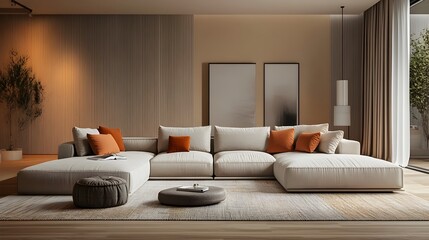 Cozy and inviting modern living room with a large comfortable sectional sofa and minimalist stylish decor  The vibrant color accents add a pop of vibrancy