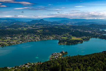 Fototapeta premium View Over Lake Woerthersee(Wörther See) And Village Maria Woerth On Peninsula In Carinthia In Austria