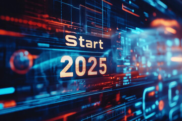 Obraz premium Futuristic digital display featuring graphic effects and the text Start 2025 to signify a new beginning in technology and innovation
