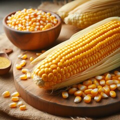  A vibrant corn cob with golden kernels on a rustic wooden table