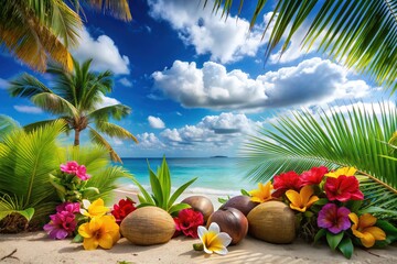 Obraz premium Vibrant tropical beach scene featuring a colorful array of coconuts, palm fronds, and exotic flowers against a bright blue sky with soft white clouds.