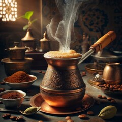 Traditional coffee brewing in an ornate metal cezve over an open flame