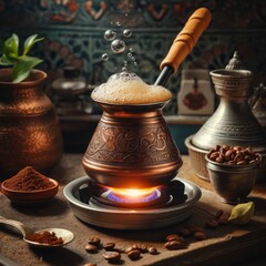 Traditional coffee brewing in an ornate metal cezve over an open flame