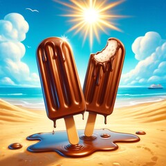 Two chocolate popsicles melt under a bright sun, with a sandy beach and blue ocean backdrop