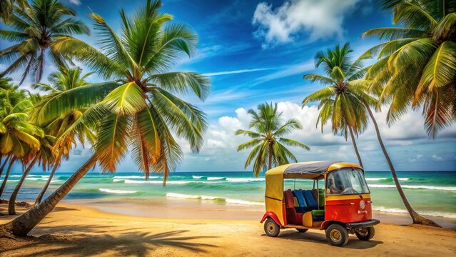 Vibrant tropical scene featuring a colorful tuk-tuk taxi parked on a sunny beach surrounded by palm trees and turquoise ocean waves.