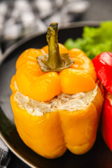 pepper stuffed meat and rice tasty food dish second course Fresh delicious gourmet food background on the table rustic food top view copy space top view