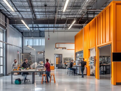 Diverse group of innovators collaborating in a bright dynamic renewable energy powered maker space creating sustainable products with metallic accents cinematic lighting
