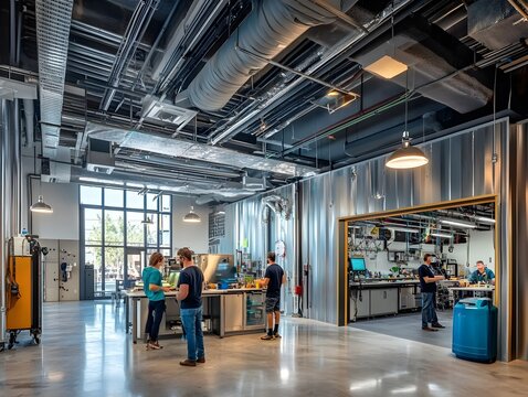 Diverse group of innovators and creators collaborating in a bright dynamic and sustainable community makerspace powered by renewable energy  The space features metallic accents cinematic lighting