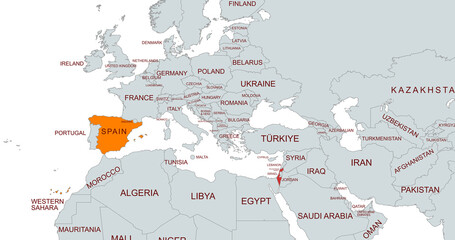 Map of israel and spain. Highlighting the two countries on the map.