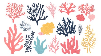 Seaweed, coral, and sea plants clip art set in a flat vector style on a white background with margins, in bright pastel colors