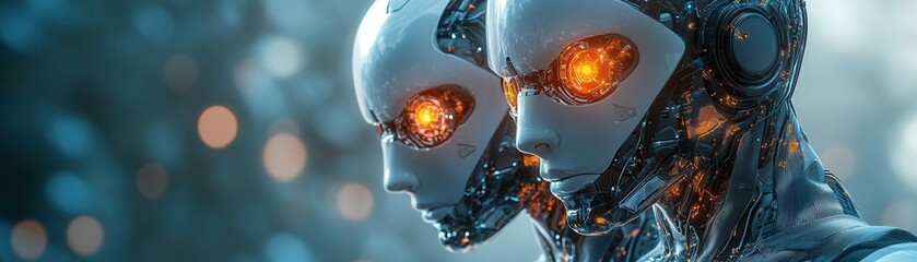 Futuristic robots with glowing eyes set against a tech-inspired backdrop, symbolizing advanced technology and artificial intelligence.