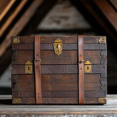 Weathered wooden trunk with tarnished brass hinges, cracked leather straps, and faded paint, placed in an attic setting, evoking hidden treasures