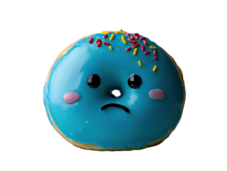 Sad blue donut with a face on blue background PNG transparent.