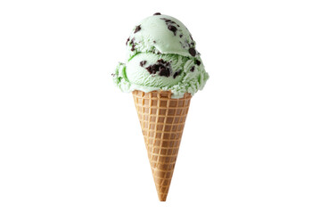 A single scoop of mint chocolate chip ice cream in a waffle cone, isolated on a black background.