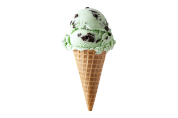 A single scoop of mint chocolate chip ice cream in a waffle cone, isolated on a black background.