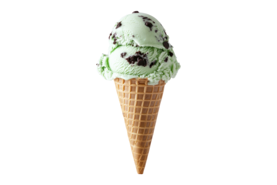 A single scoop of mint chocolate chip ice cream in a waffle cone, isolated on a black background.