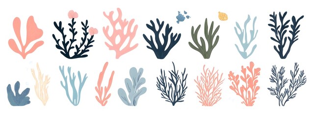 Seaweed, coral, and sea plants clip art set in a flat vector style on a white background with margins, in bright pastel colors