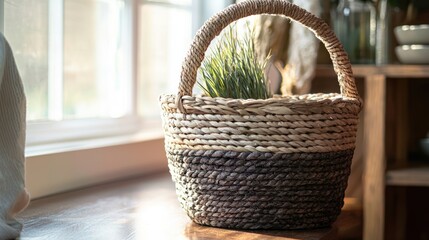 Fototapeta premium a decorative basket used for storage in a cozy home, illustrating organization and style
