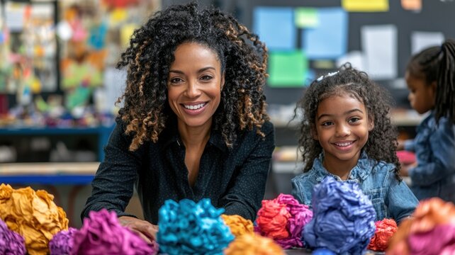 Smiling woman and girl creating colorful crafts in a vibrant classroom setting.