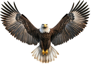 Obraz premium Bald eagle with wings spread on white background PNG transparent.