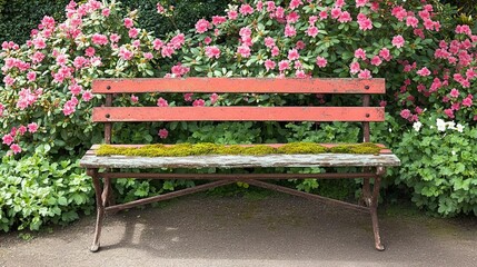 Worn-out garden bench with rusting metal frame, chipped paint, and moss-covered wood, surrounded by blooming flowers, capturing rustic beauty