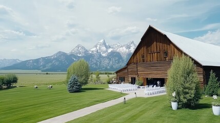 Obraz premium The majestic Mountains rise in the background beside an old barn and rustic fence against a bright blue sky