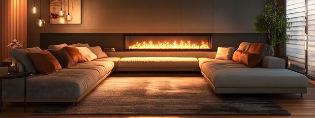 Cozy and inviting modern living room with a large comfortable sectional sofa and minimalist stylish decor  The warm glow of a fireplace flickering adds to the earthy tones and natural textures