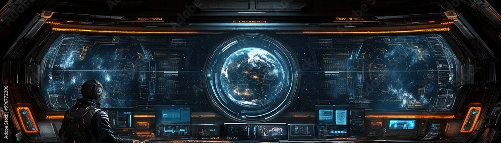 Poster futuristic spaceship control room featuring advanced technology and a view of earth from space, idea