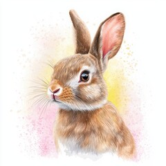 Realistic rabbit portrait with soft colors on a white background.