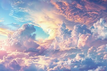 Fototapeta premium The sky is filled with fluffy white clouds and a few birds flying through them, generative ai image