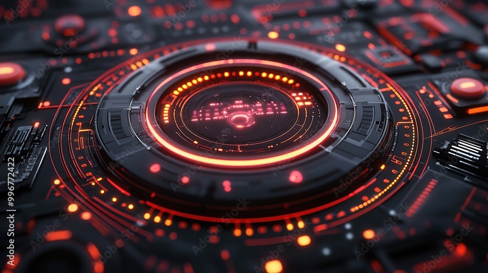 Poster futuristic technology interface featuring glowing red elements and intricate circuit patterns, ideal