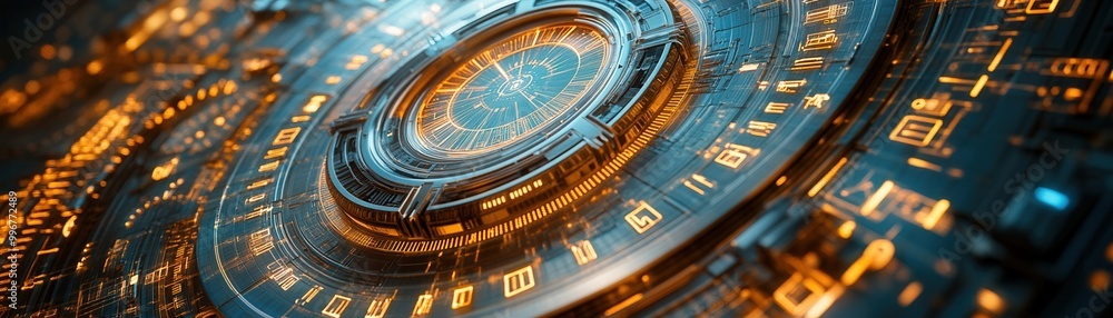 Poster futuristic technology interface with glowing elements and intricate details, ideal for showcasing in