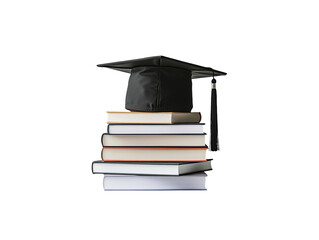 Graduation cap on a stack of books on white background PNG transparent.