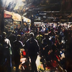 Obraz premium Dramatic oil painting depicting the chaotic pandemonium of Black Friday with an aggressive influx of consumers descending upon overflowing stores