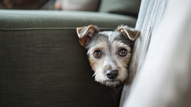 a bashful pet, such as a dog or cat, hiding behind furniture, symbolizing timidity and affection