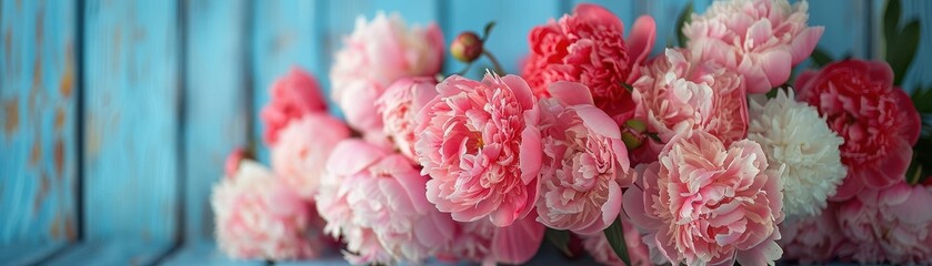 A bouquet of pink and white flowers sits on a wooden table