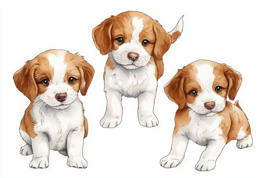Three cute puppies sitting together, white isolated background.