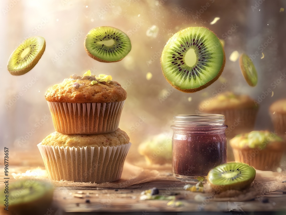 Poster dreamlike and surreal breakfast scene featuring levitating muffins floating kiwi slices and a mystic