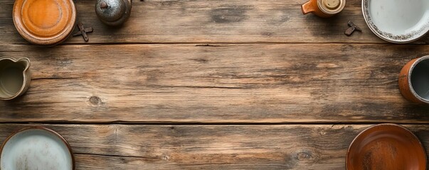 Worn-out wooden table with chipped edges, peeling varnish, and rusty nails, surrounded by antique kitchenware, representing rustic farmhouse charm