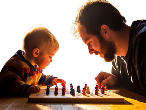 Father and son playing tactile game on wooden table PNG transparent.