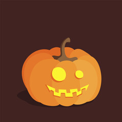 Autumn Halloween pumpkin in orange with a tail and light-up cut-out round eyes and a yellow mouth. Isolated vector picture on a brown background.
