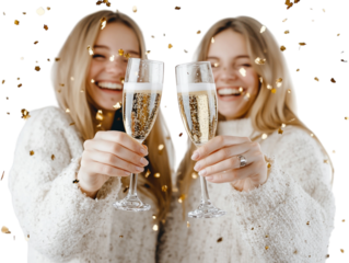 Two women laughing with champagne at a celebration on white background PNG transparent.