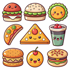 Cute vector icons of food items (burger, pizza, sushi,