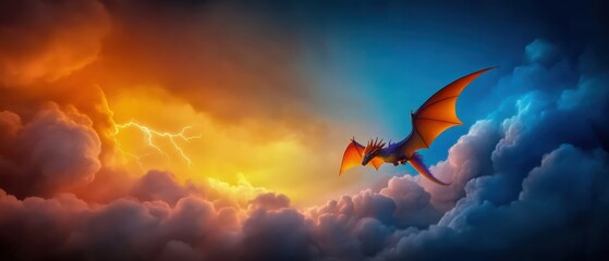 Obraz premium Flying Dragon Amidst Blazing Orange Skies