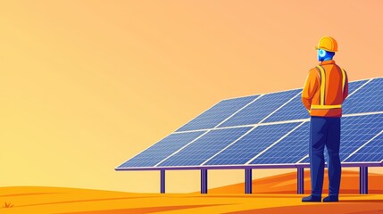 Worker observing solar panels at sunset in a desert landscape.