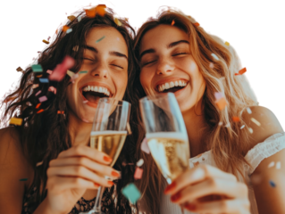 Two women laughing with champagne at a celebration on white background PNG transparent.