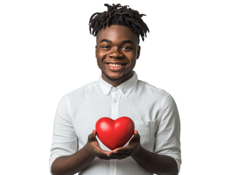 Smiling man holding red heart on white background PNG transparent.