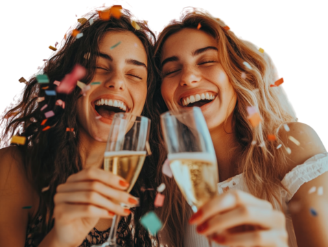 Two women laughing with champagne at a celebration on white background PNG transparent. - Powered by Adobe