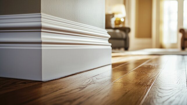 a close-up of decorative baseboards in an elegantly designed living room, showcasing craftsmanship and style